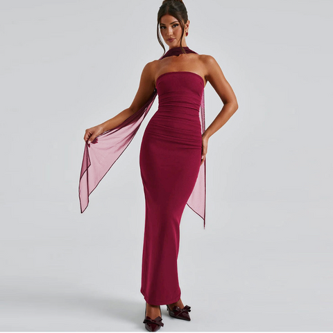 Off-shoulder Mesh Dress with Ribbon