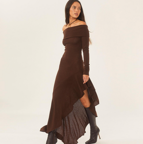 Off-shoulder Brown Ruffled Dress