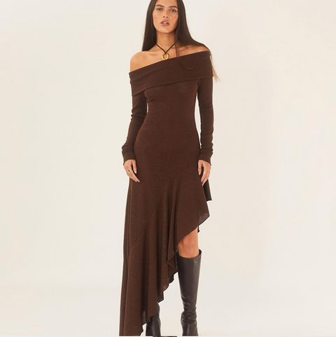 Off-shoulder Brown Ruffled Dress