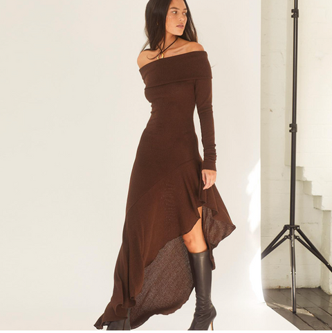Off-shoulder Brown Ruffled Dress