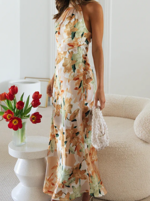 Floral Printed Lace-up Halter Dress