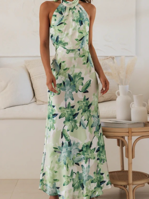 Floral Printed Lace-up Halter Dress