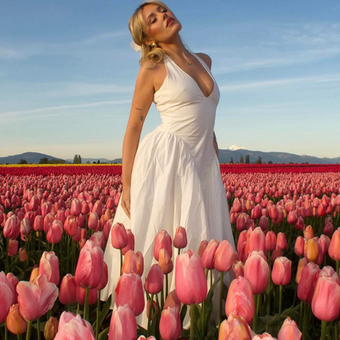 Deep V-neck White Halter Dress
