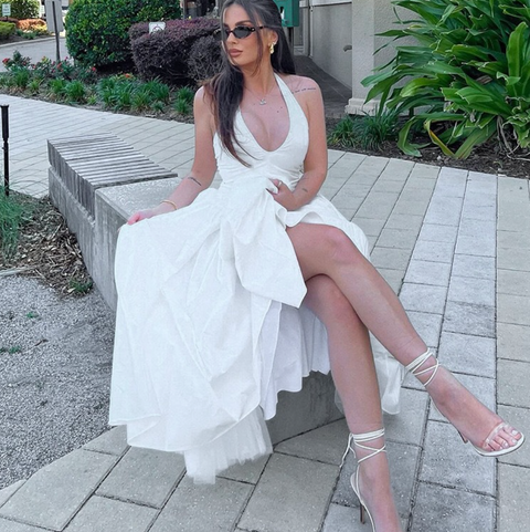 Deep V-neck White Halter Dress