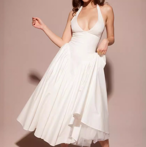 Deep V-neck White Halter Dress