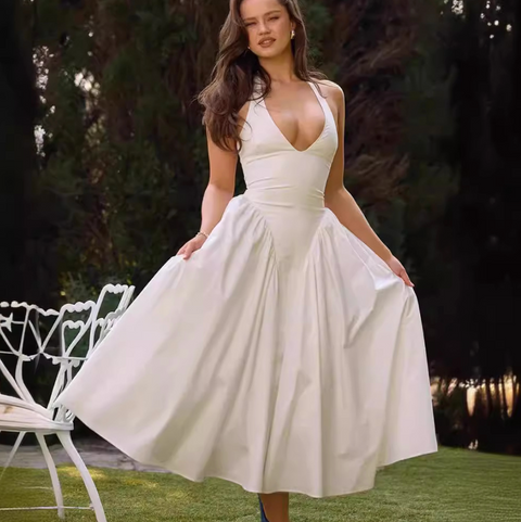 Deep V-neck White Halter Dress