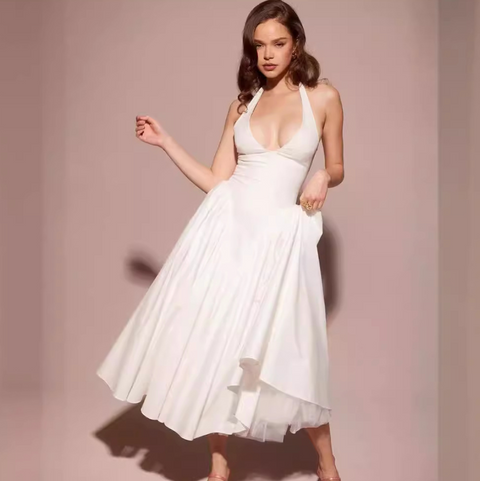 Deep V-neck White Halter Dress