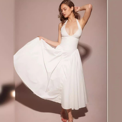 Deep V-neck White Halter Dress