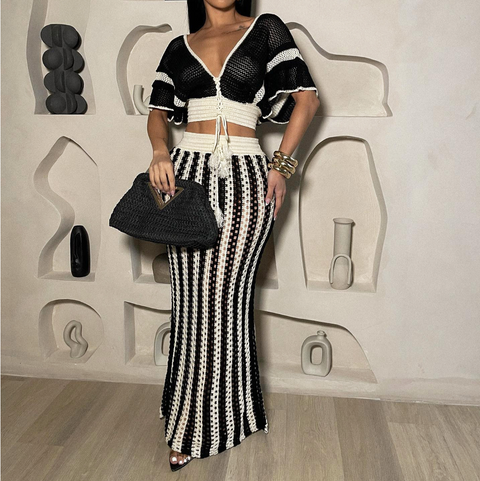 Hollowed Knitwear & Striped Skirt 2Pcs