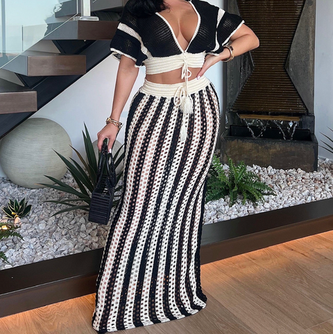 Hollowed Knitwear & Striped Skirt 2Pcs