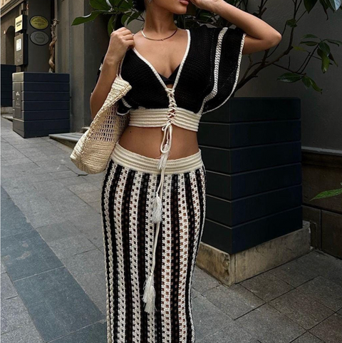 Hollowed Knitwear & Striped Skirt 2Pcs