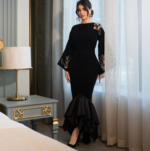 Hollowed Lace-up Black Fishtail Dress