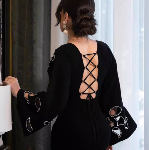 Hollowed Lace-up Black Fishtail Dress