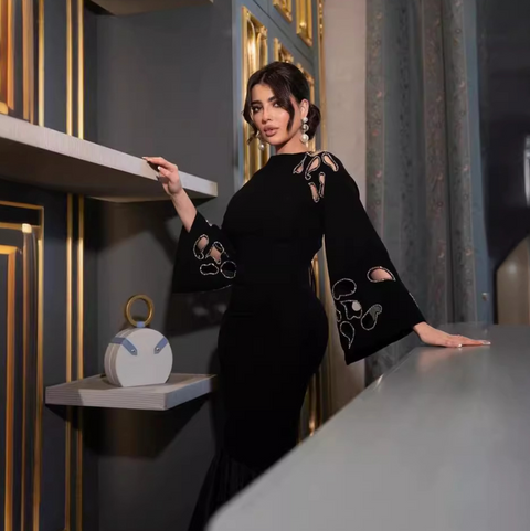 Hollowed Lace-up Black Fishtail Dress