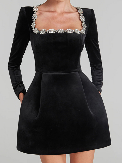 Beaded Square Neckline Velvet Dress