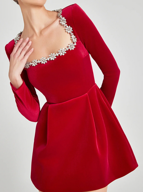 Beaded Square Neckline Velvet Dress