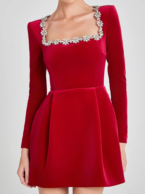 Beaded Square Neckline Velvet Dress