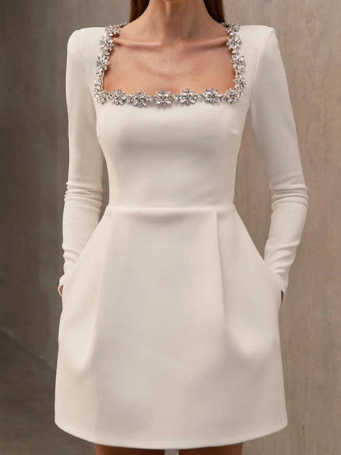 Beaded Square Neckline Velvet Dress