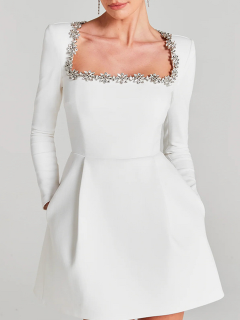 Beaded Square Neckline Velvet Dress