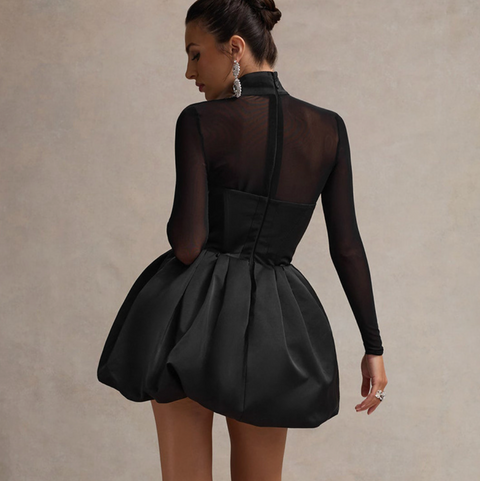 Turtleneck Black Mesh Patchwork Dress