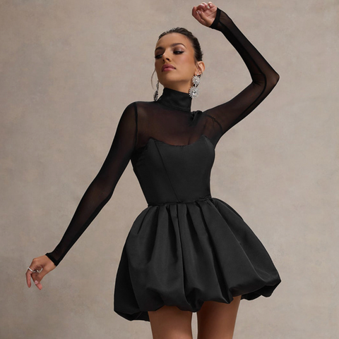 Turtleneck Black Mesh Patchwork Dress