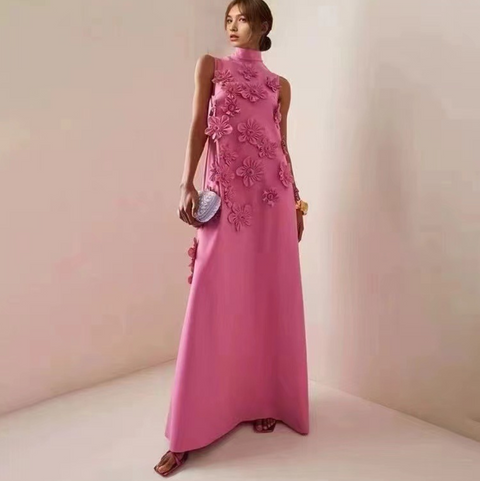 Turtleneck 3D Flower Sleeveless Dress