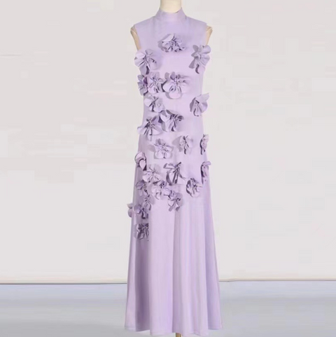 Turtleneck 3D Flower Sleeveless Dress