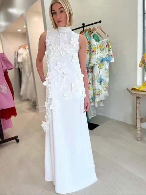 Turtleneck 3D Flower Sleeveless Dress