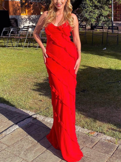 U-neck Wave Ruffled Slip Dress