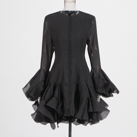 Round Collar Ruffled Patchwork Dress