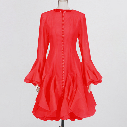 Round Collar Ruffled Patchwork Dress