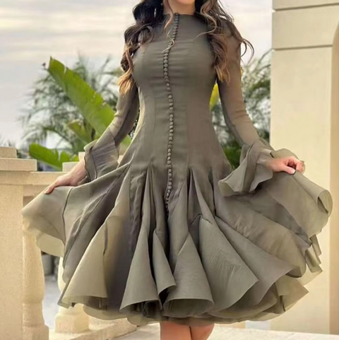 Round Collar Ruffled Patchwork Dress