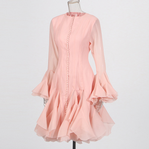 Round Collar Ruffled Patchwork Dress