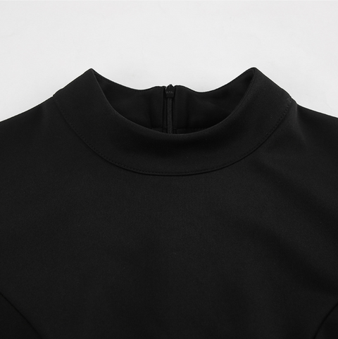 Stand Collar Ruffled Black Dress