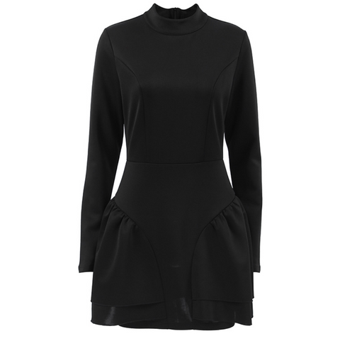 Stand Collar Ruffled Black Dress