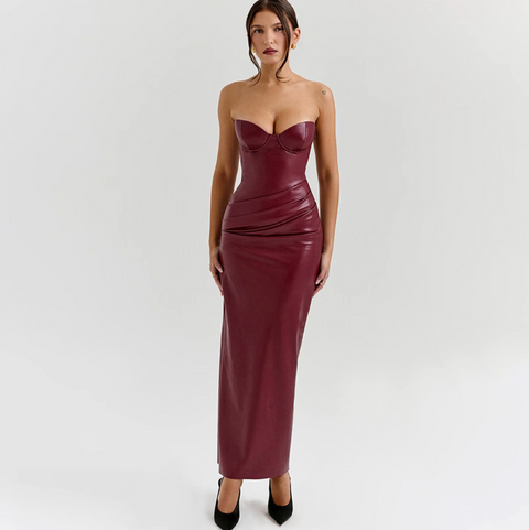 Sexy Wine Red Slim-fit PU Dress