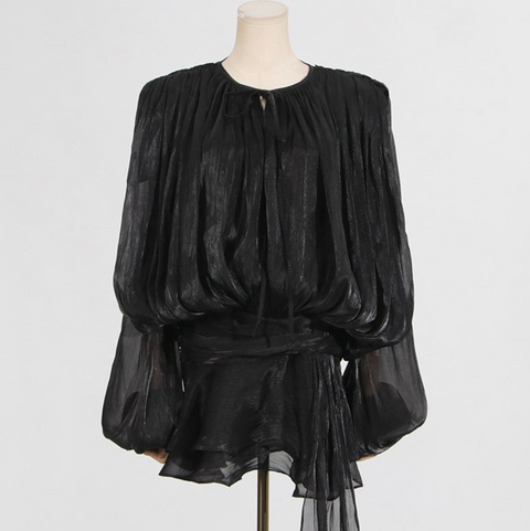 Lace-up Ruffled Mesh Satin Dress
