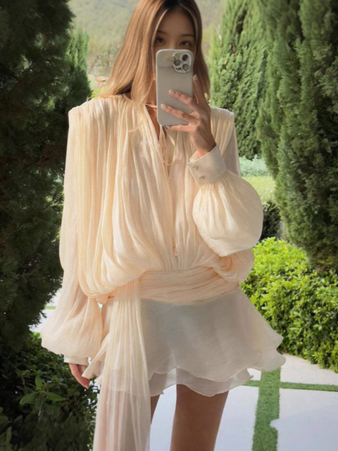Lace-up Ruffled Mesh Satin Dress