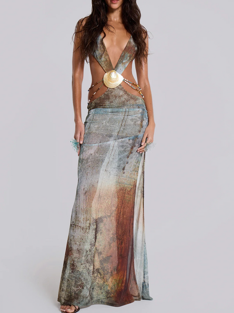 Sexy Hollowed Printed Slip Dress