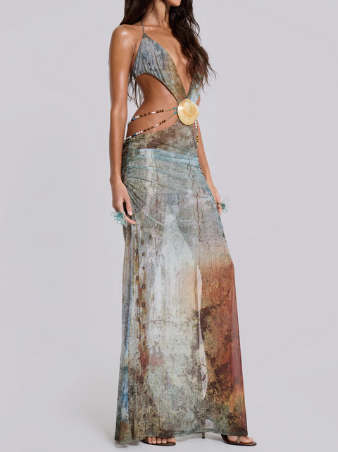 Sexy Hollowed Printed Slip Dress