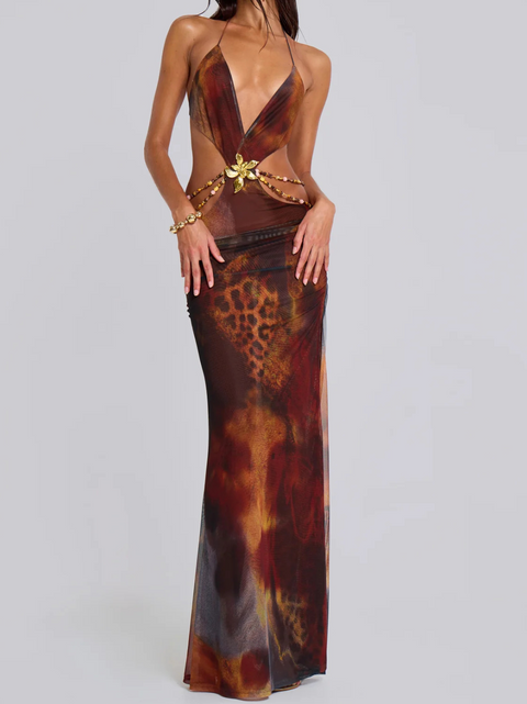 Sexy Hollowed Printed Slip Dress
