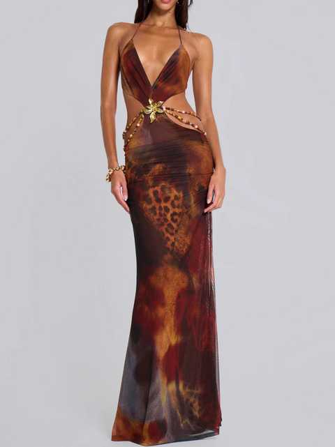 Sexy Hollowed Printed Slip Dress