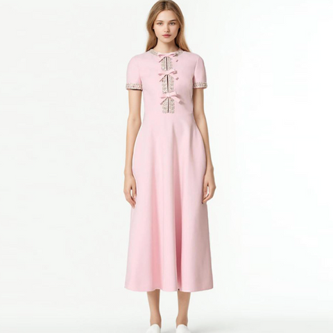 Rhinestone Beaded Pink Bow Dress