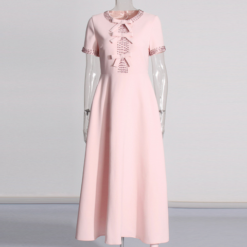 Rhinestone Beaded Pink Bow Dress