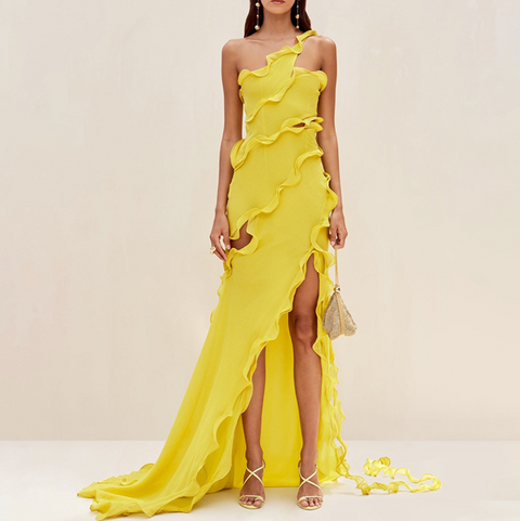 Bright Yellow Ruffled Split Dress