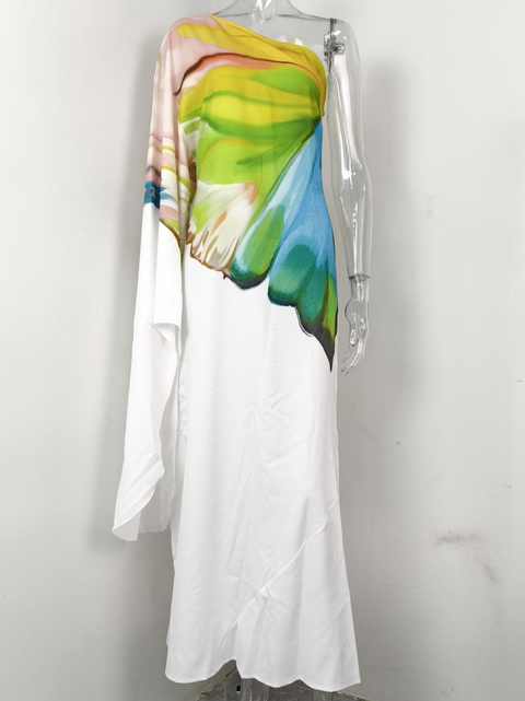 Slant Neckline Printed White Dress