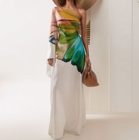 Slant Neckline Printed White Dress