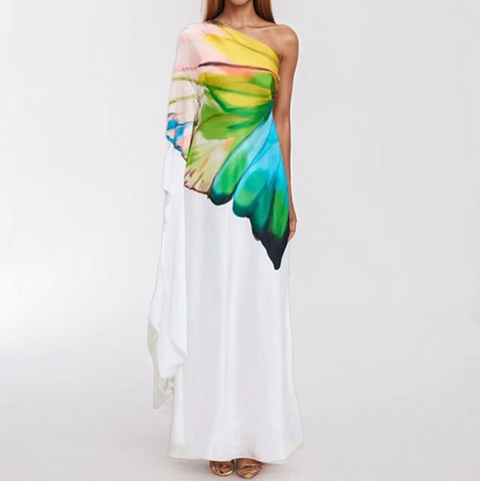 Slant Neckline Printed White Dress