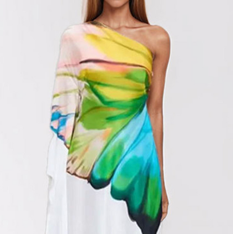Slant Neckline Printed White Dress