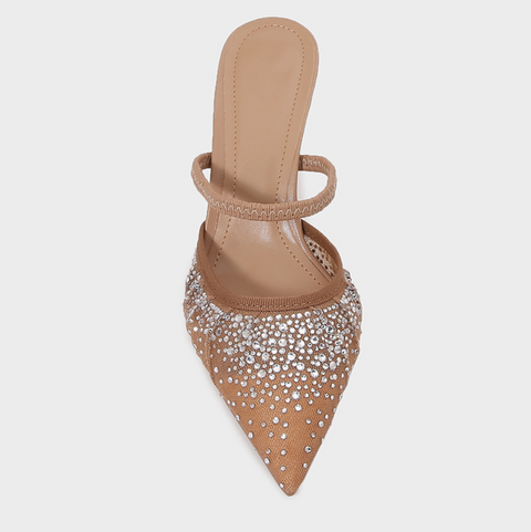 Rhinestone Studded Mesh Mid-heeled Sandals